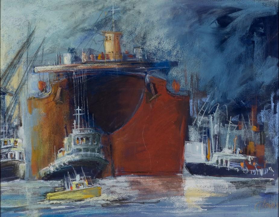 Working Harbour Newcastle, 70 x 50cm., Soft Pastel on paper